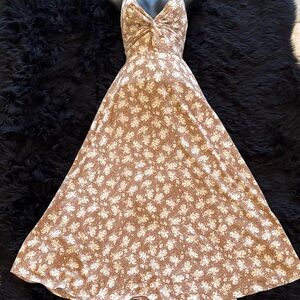 Lulu's Brown Maxi Slip Dress with Cream Floral Print